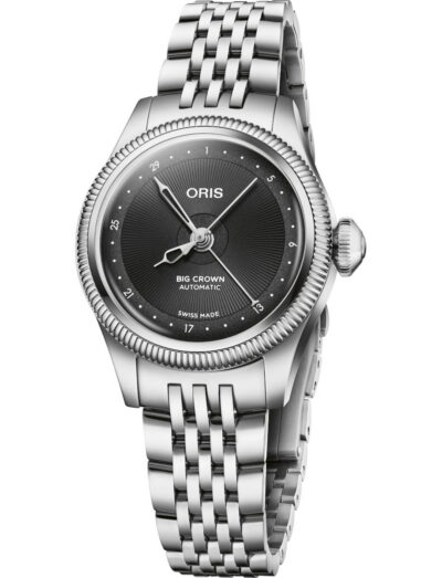 Oris Big Crown automatic wristwatch with a black textured dial and stainless steel link bracelet