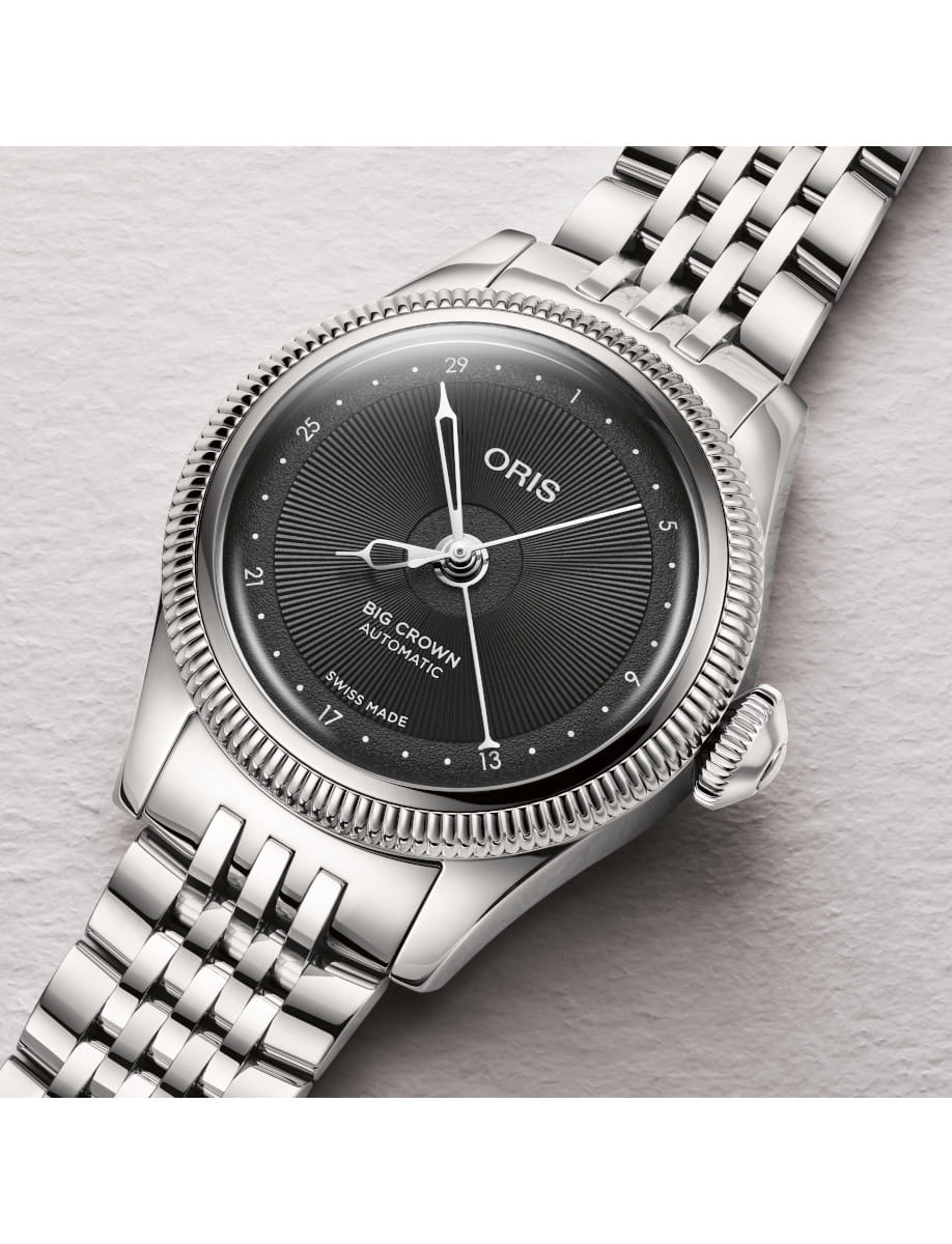 Oris Big Crown automatic wristwatch with a textured black dial and a stainless steel bracelet