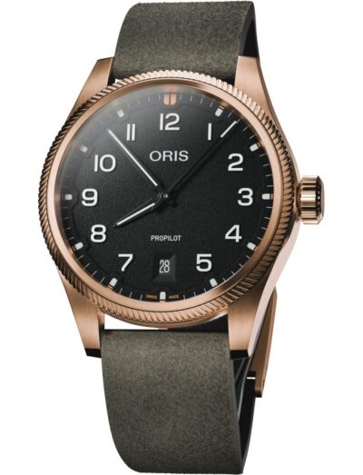 Oris wristwatch with multi-piece bronze case, black dial and dark green leather strap