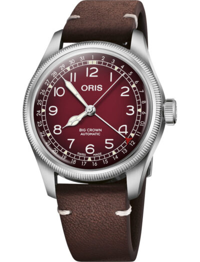 Oris Big Crown Automatic wristwatch with burgundy dial, luminous numerals, and Brown Cervo Volante sustainable deer leather strap. | Feldmar Watch Co. Oris Big Crown Automatic wristwatch with burgundy dial, luminous numerals, and Brown Cervo Volante sustainable deer leather strap.