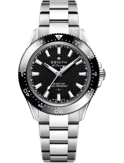 Stainless steel Zenith El Primero wristwatch with a black ceramic dial, black ceramic bezel, and date window at 3 o'clock