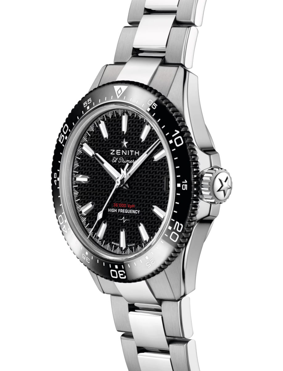 Zenith El Primero wristwatch with black textured dial, silver indices, and stainless steel bracelet.