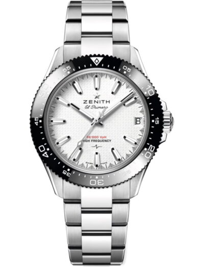 Stainless steel Zenith El Primero wristwatch with a white ceramic dial, black ceramic bezel, and date window at 3 o'clock