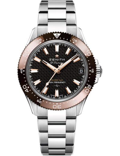 Zenith El Primero wristwatch with black textured dial, rose-gold hands, and two-tone rose bezel on a stainless steel bracelet