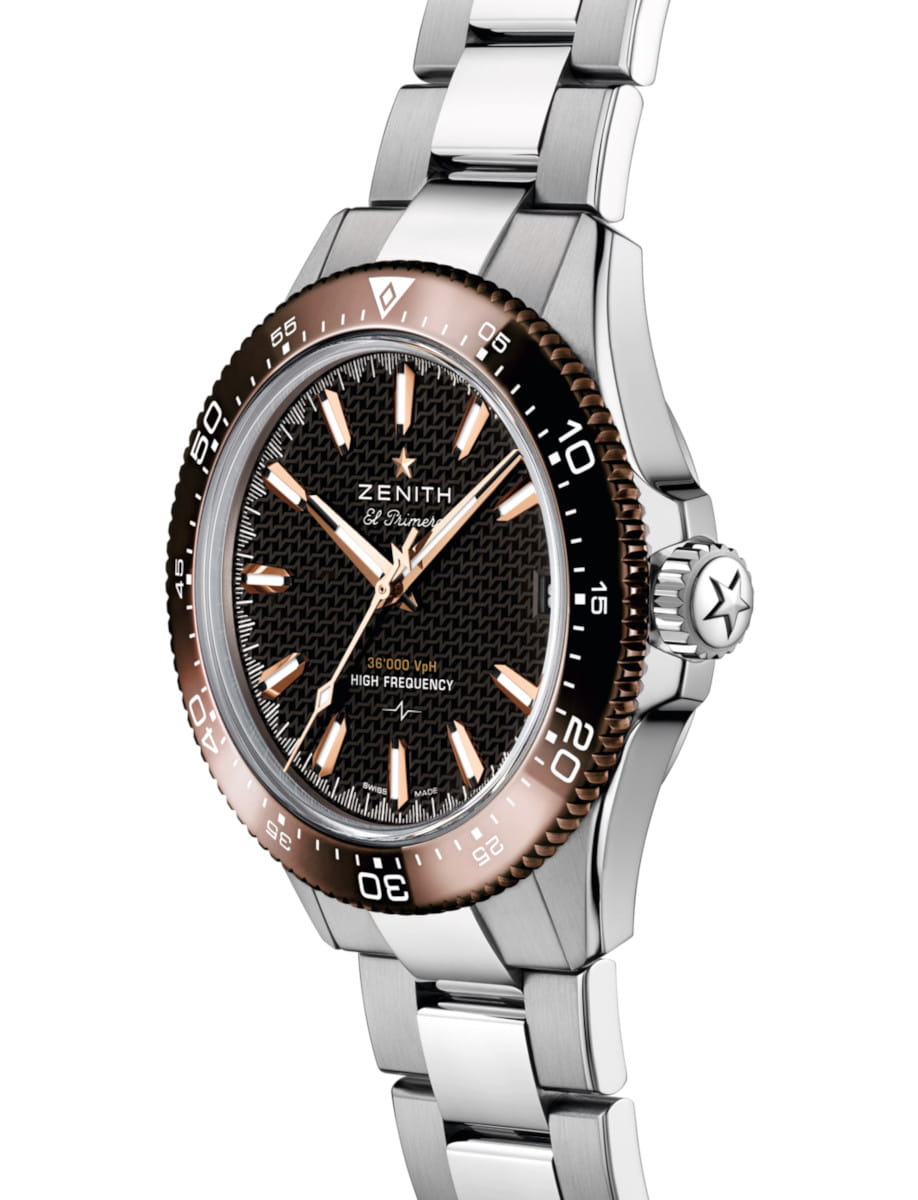 Zenith El Primero wristwatch with black textured dial, rose-gold markers and a two-tone bezel on a stainless steel bracelet**