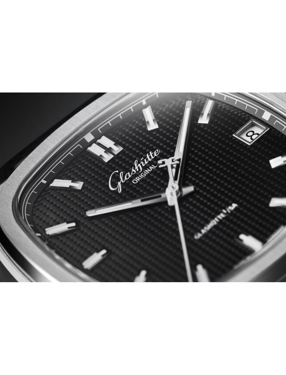 Close-up of a Glashütte Original watch dial with a galvanized black dial, and date window at 3 o'clock.