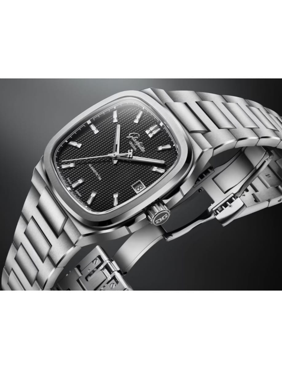 Side view of Glasshute Original stainless steel wristwatch with a black galvanized dial, stainless steel case and bracelet.