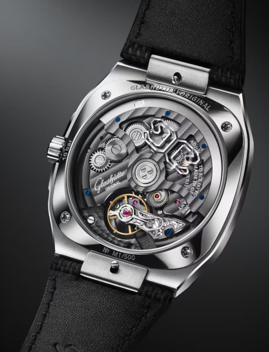 Back view of a Glasshute Original luxury wristwatch with an exposed mechanical movement.