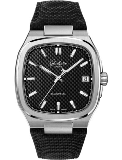Glasshute Original stainless steel wristwatch with a black galvanized dial, stainless steel case, and black rubber strap.