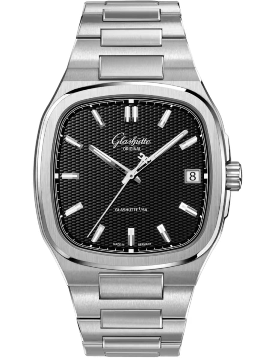 Glasshute Original stainless steel wristwatch with a black galvanized dial, stainless steel case and bracelet.