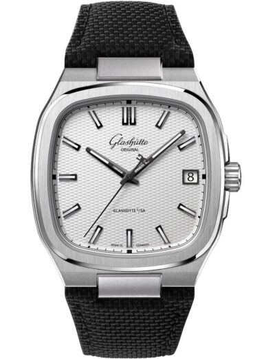 Glasshute Original stainless steel wristwatch with a silvern galvanized dial, stainless steel case, and black rubber strap. | Feldmar Watch Co. Glasshute Original stainless steel wristwatch with a silvern galvanized dial, stainless steel case, and black rubber strap.