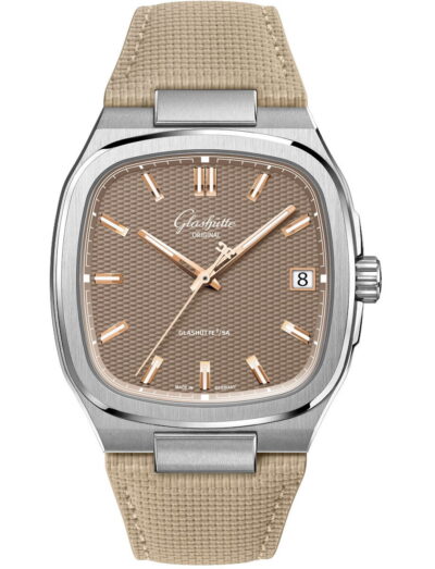Glashütte watch with stainless steel case, beige rubber strap, brown galvanized dial, date window at 3 o'clock. | Feldmar Watch Co. Glashütte watch with stainless steel case, beige rubber strap, brown galvanized dial, date window at 3 o'clock.