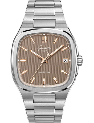 Glashütte watch with stainless steel case and bracelet, brown galvanized dial, date window at 3 o'clock. | Feldmar Watch Co. Glashütte watch with stainless steel case and bracelet, brown galvanized dial, date window at 3 o'clock.