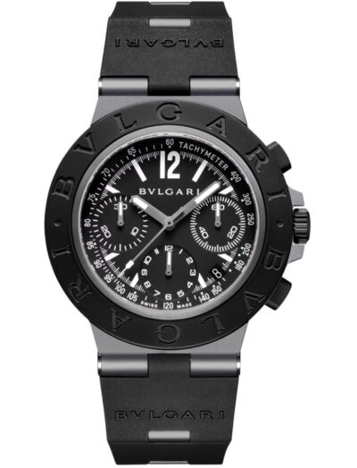 BVLGARI chronograph wristwatch with black bezel, tachymeter scale, and rubber strap.