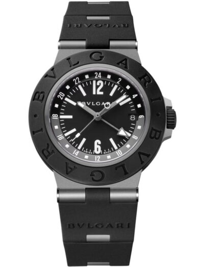 BVLGARI black titanium watch with a black dial, black rubber bezel and strap.
