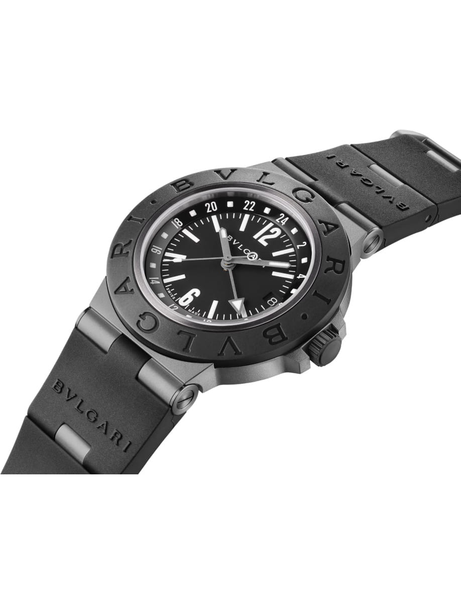 Black Bulgari wristwatch with a black dial, titanium case, and a black rubber strap with BVLGARI branding