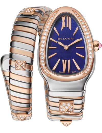 Bulgari Serpenti watch with a blue dial, rose gold and stainless steel case and bracelet, diamond-set bezel and accents | Feldmar Watch Co. Bulgari Serpenti watch with a blue dial, rose gold and stainless steel case and bracelet, diamond-set bezel and accents