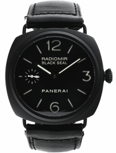 Pre-owned black Panerai Radiomir Black Seal wristwatch with a black leather strap and large white numerals on the dial. | Feldmar Watch Co. Pre-owned black Panerai Radiomir Black Seal wristwatch with a black leather strap and large white numerals on the dial.