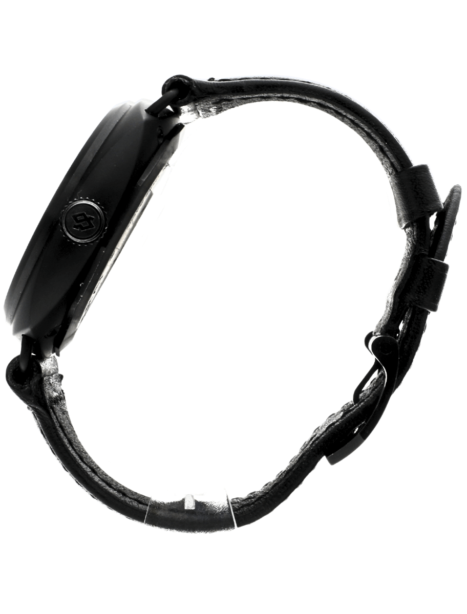 Side view of a black wristwatch with a leather strap