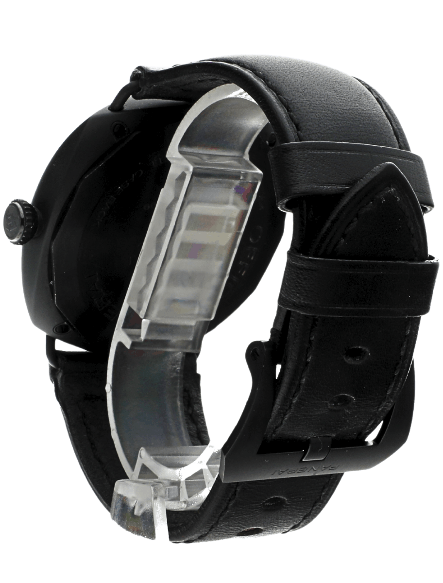 Black wristwatch with a leather strap and metal buckle, shown from the side.