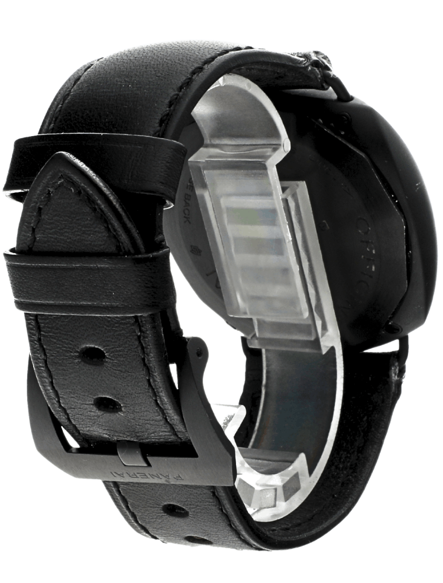 Side view of a black leather strap wristwatch, showing a translucent case back.