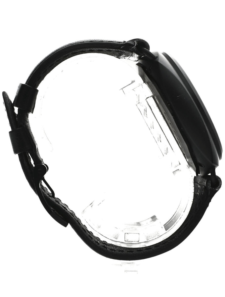 Side view of a pre-owned black wristwatch with a metal case and leather strap