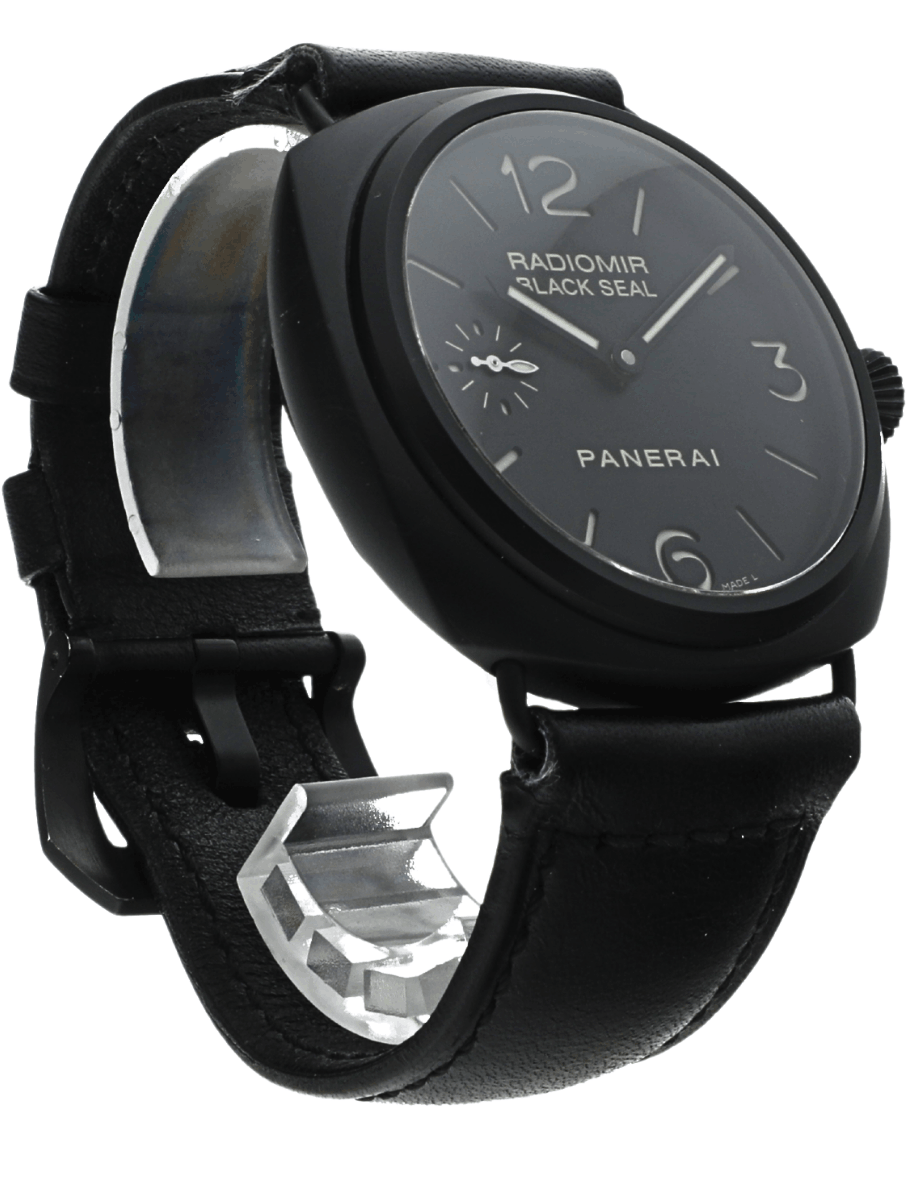 Close-up of a pre-owned Panerai Radiomir Black Seal wristwatch with a black leather strap and metal deployment clasp, showing the dial with large numerals and a small seconds subdial.