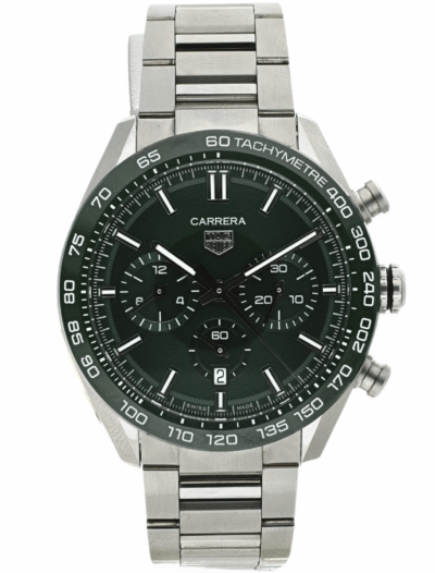 Pre-owned stainless steel TAG Heuer Carrera chronograph watch with green dial, three subdials, and tachymeter bezel.