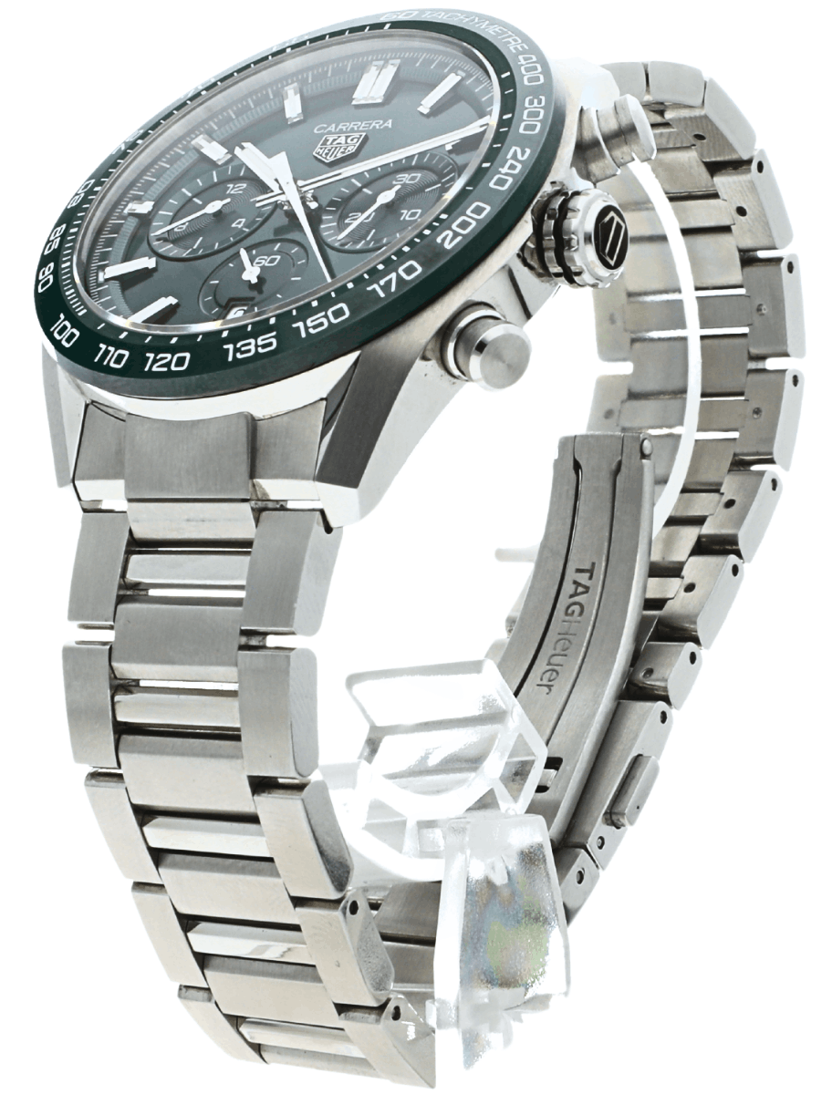 Side view of Pre-owned stainless steel TAG Heuer Carrera chronograph watch with green dial, three subdials, and tachymeter bezel.