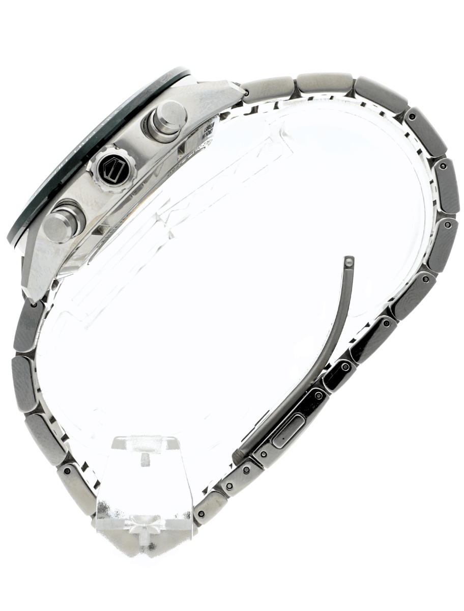Side view of a stainless steel wristwatch with a linked bracelet and visible crown details on the case side