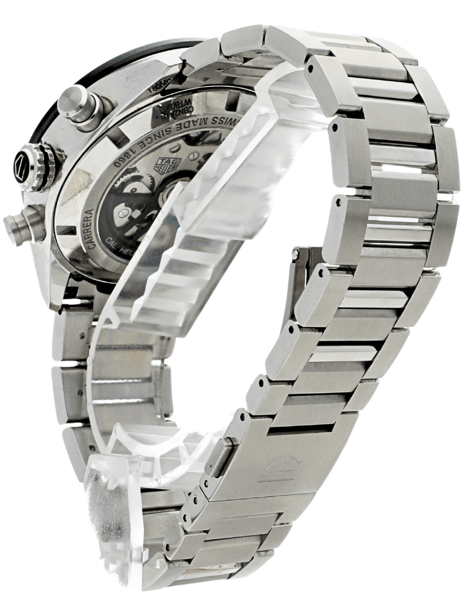 Pre-owned wristwatch with a stainless steel link band, viewed from the side with a deployment clasp