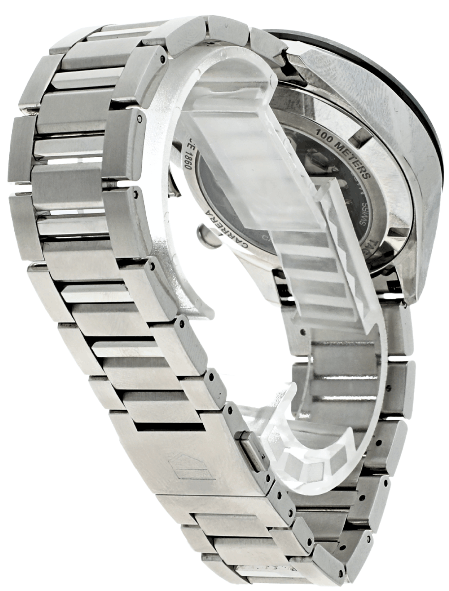 Pre-owned wristwatch with a stainless steel link band, viewed from the side with a deployment clasp