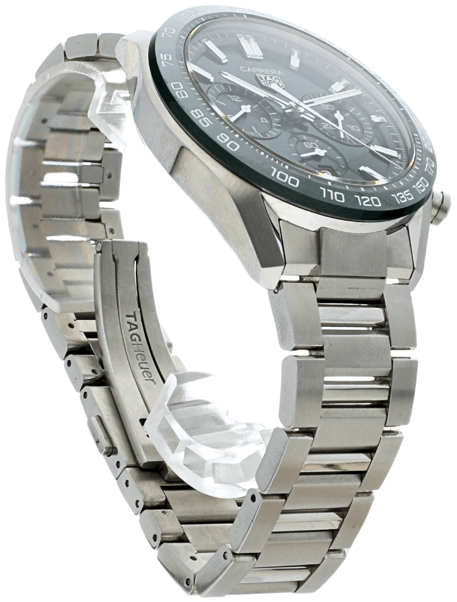 Front right side view of Pre-owned stainless steel TAG Heuer Carrera chronograph watch with green dial, three subdials, and tachymeter bezel.