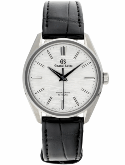 Pre-owned Grand Seiko wristwatch with a stainless steel round case, white dial, and a black leather strap.