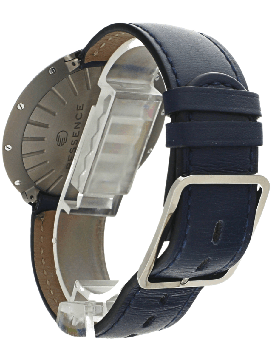 Back view of pre-owned Ressence wristwatch with a dark blue leather strap, and grade 5 titanium case.