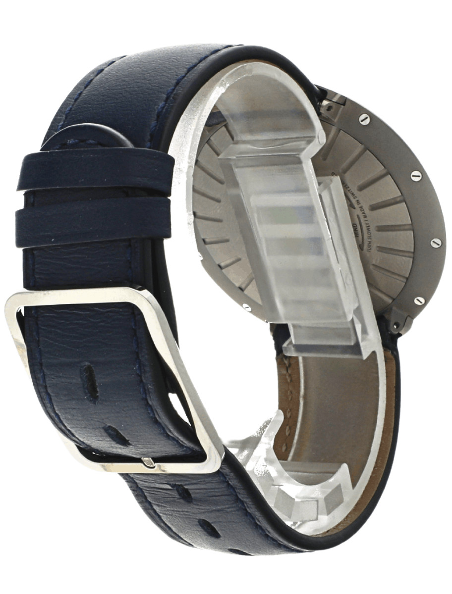 Back view of pre-owned Ressence wristwatch with a dark blue leather strap, and grade 5 titanium case.