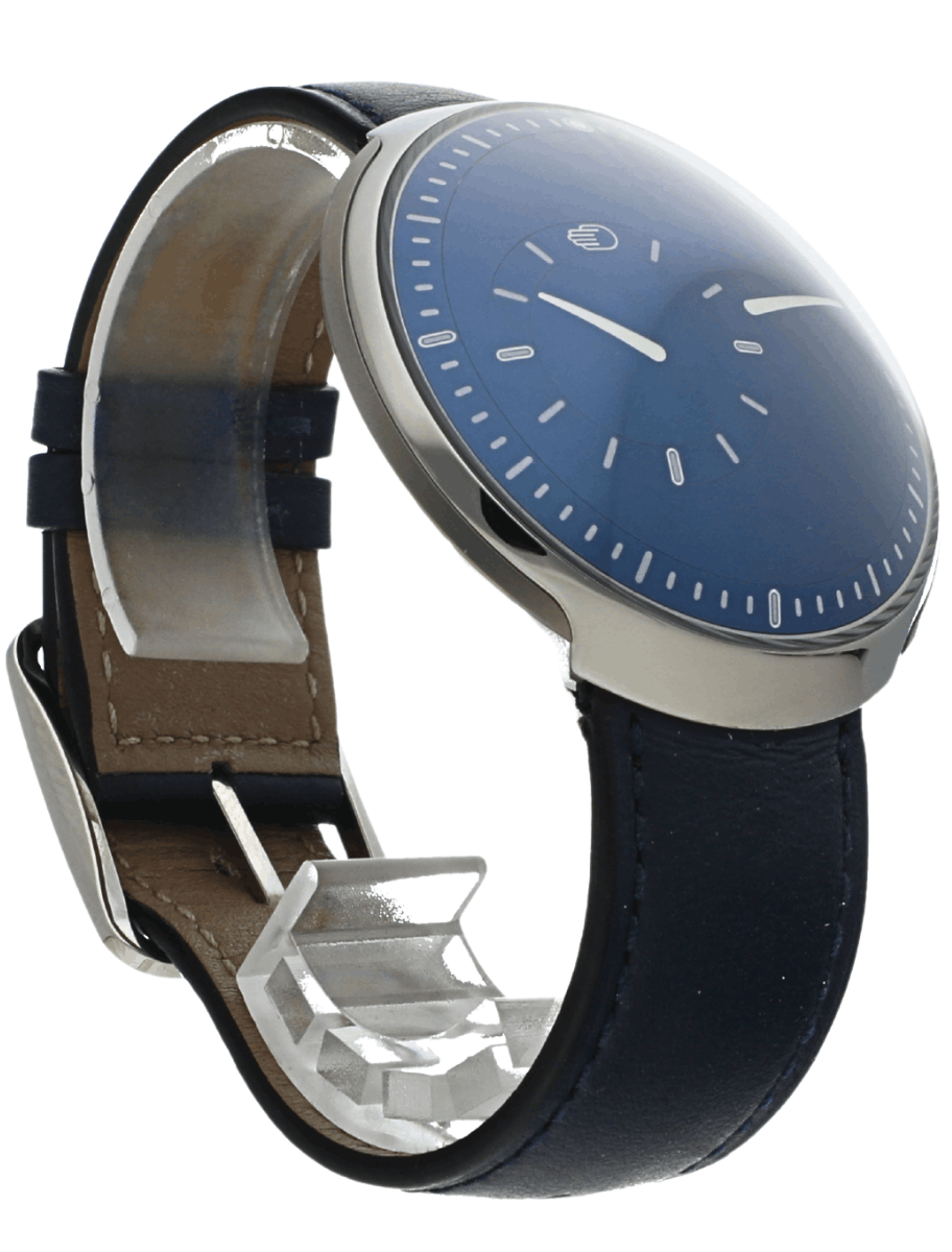 Side view of pre-owned Ressence wristwatch with a dark blue leather strap and minimalist dial details, grade 5 titanium case.