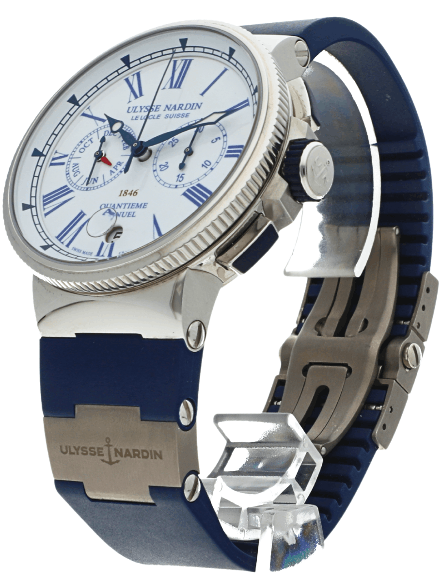 Left side view of pre-owned Ulysse Nardin wristwatch with blue Roman numerals, blue rubber strap, and stainless steel case.