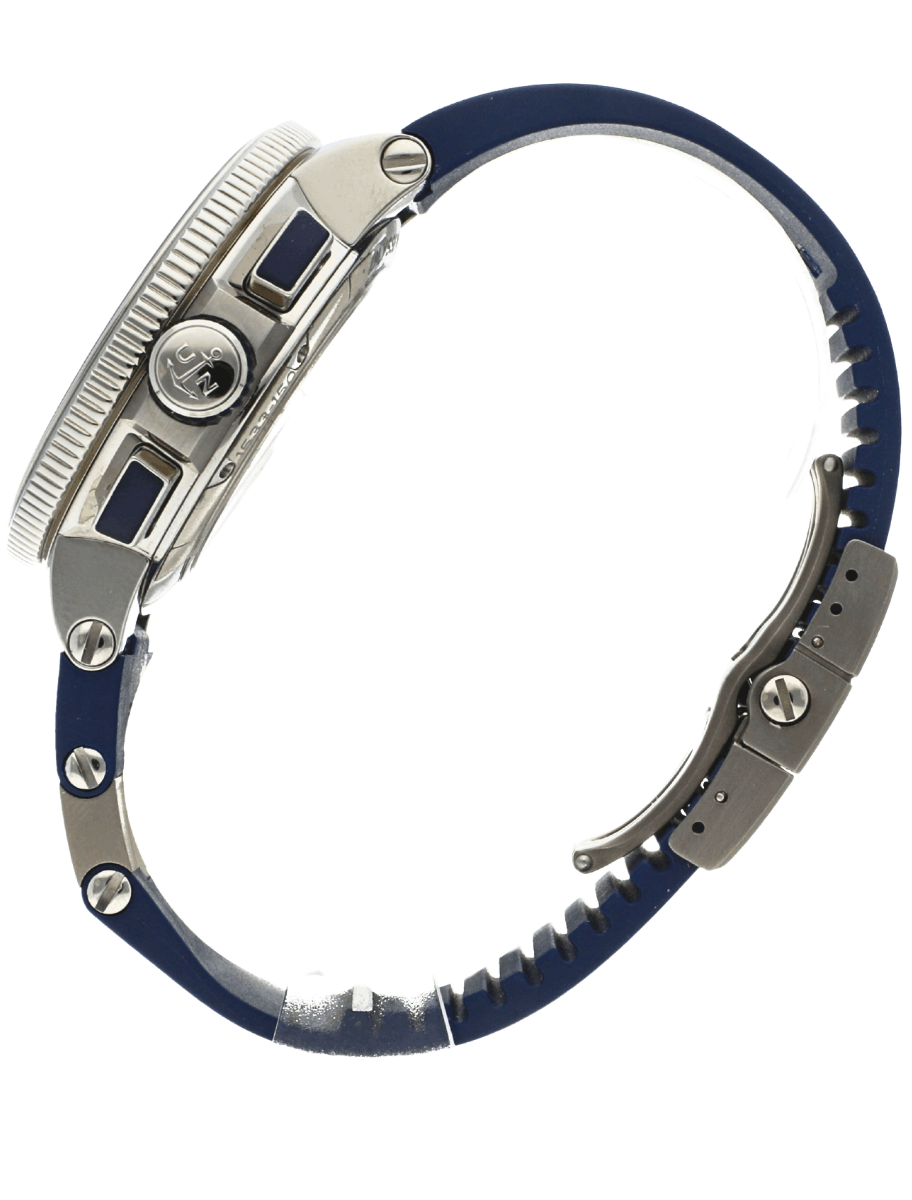 Side view of pre-owned Ulysse Nardin wristwatch with blue rubber strap, and stainless steel case.