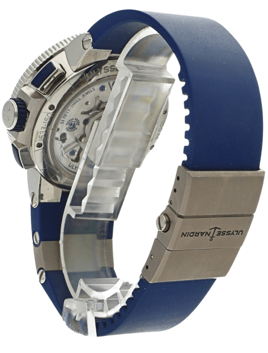 Back view of pre-owned Ulysse Nardin wristwatch with blue rubber strap, and stainless steel case and transparent case back.