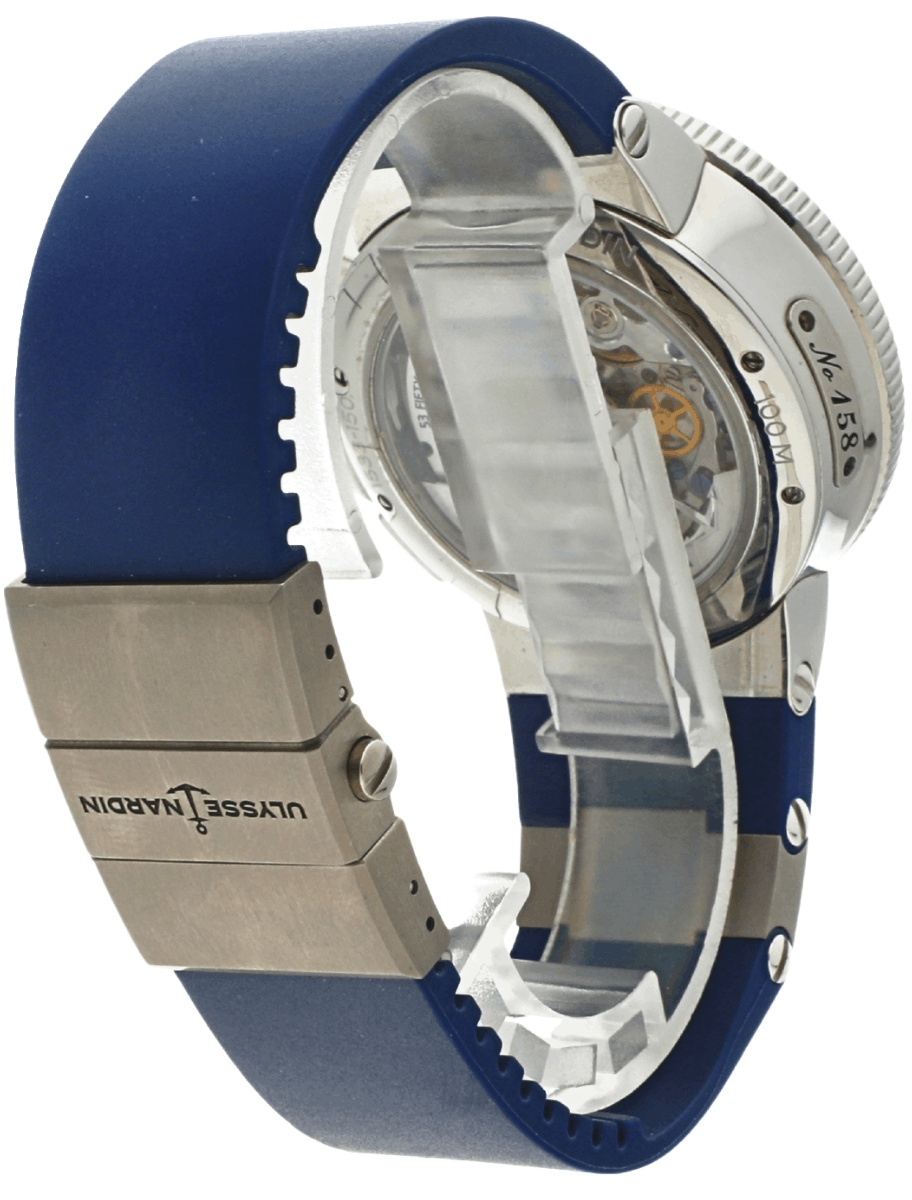 Back view of pre-owned Ulysse Nardin wristwatch with blue rubber strap, and stainless steel case and transparent case back.