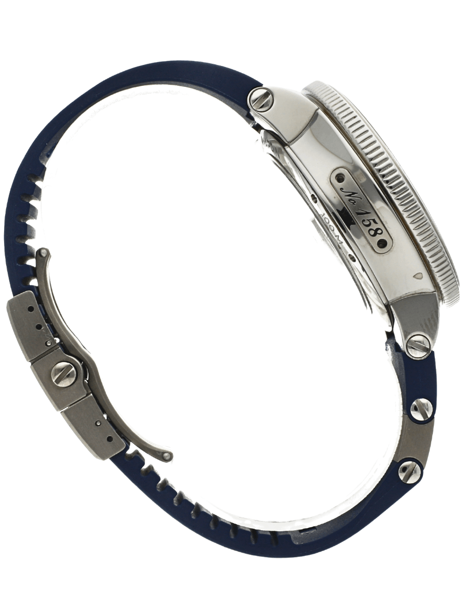 Side view of pre-owned Ulysse Nardin wristwatch with blue rubber strap, and stainless steel case.