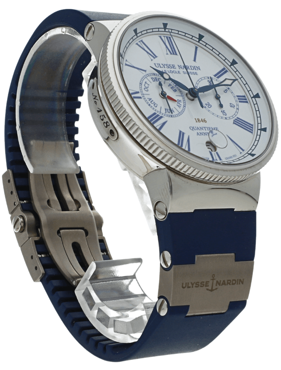 Right side view of pre-owned Ulysse Nardin wristwatch with blue Roman numerals, blue rubber strap, and stainless steel case.