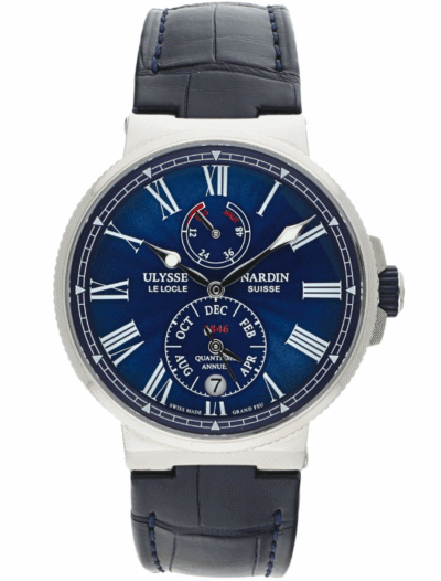 Pre-owned Ulysse Nardin blue-dial wristwatch with blue dial, Roman numerals, stainless steel case, and blue leather strap. | Feldmar Watch Co. Pre-owned Ulysse Nardin blue-dial wristwatch with blue dial, Roman numerals, stainless steel case, and blue leather strap.