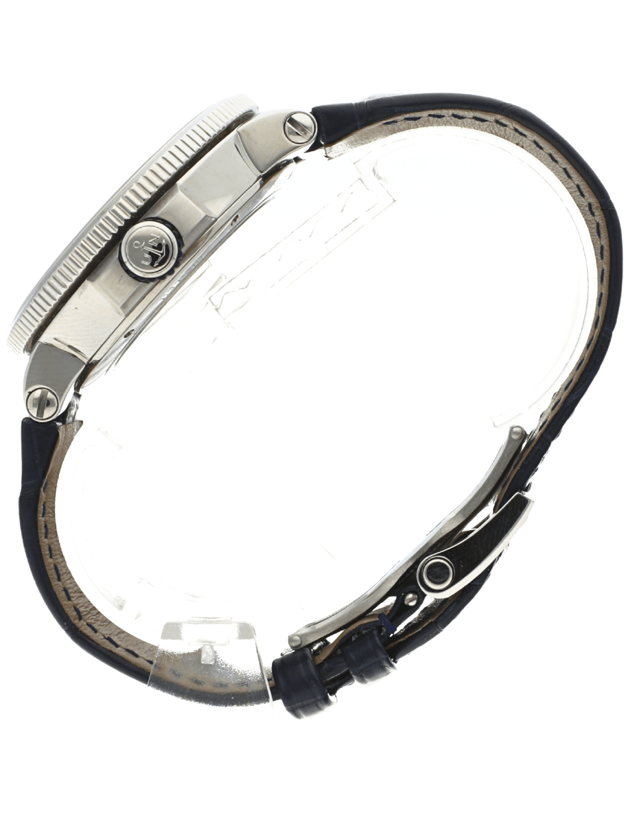 Side view of pre-owned Ulysse Nardin wristwatch with stainless steel case and blue leather strap.