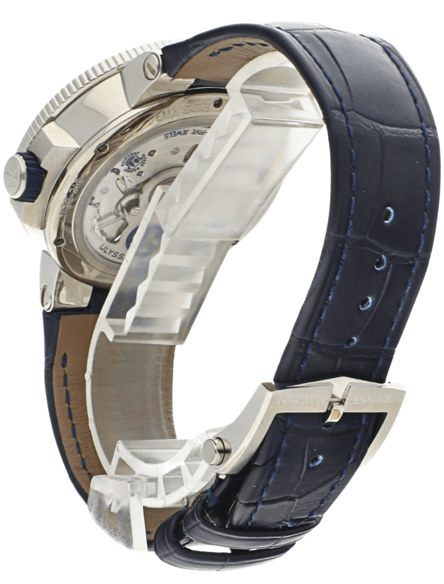 Back view of pre-owned Ulysse Nardin wristwatch with stainless steel case, open sapphire crystal case back, and blue leather strap.