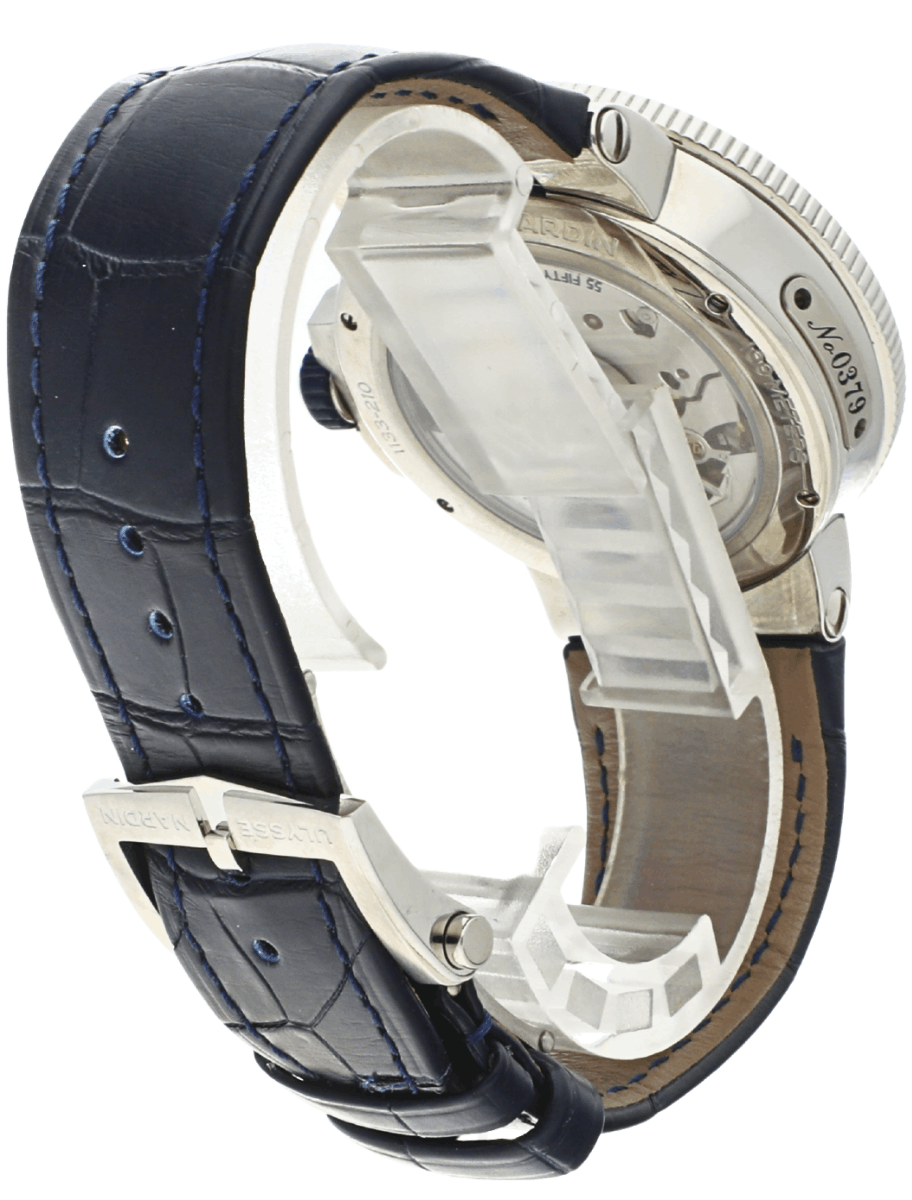 Back view of pre-owned Ulysse Nardin wristwatch with stainless steel case, open sapphire crystal case back, and blue leather strap.