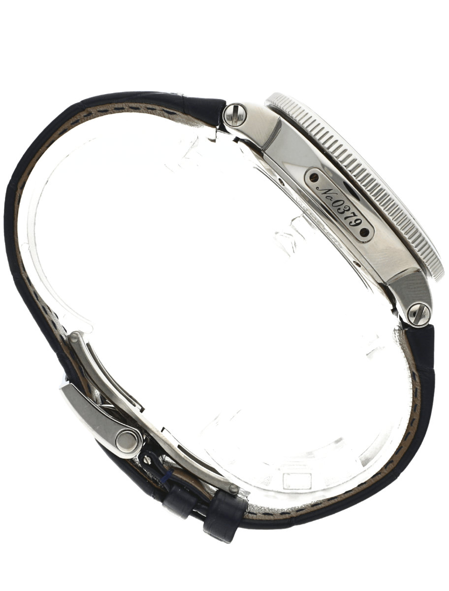 Side view of pre-owned Ulysse Nardin wristwatch with stainless steel case and blue leather strap.