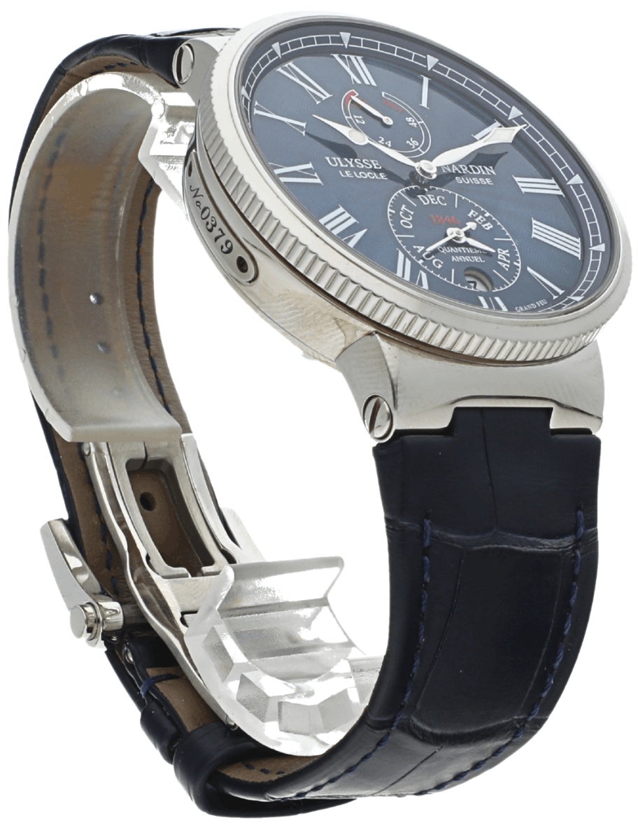 Right side view of pre-owned Ulysse Nardin wristwatch with blue dial, Roman numerals, stainless steel case, and blue leather strap.