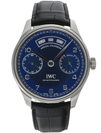 Pre-owned IWC Schaffhausen luxury wristwatch with a blue dial, leather strap, and calendar windows at the top showing date and day.